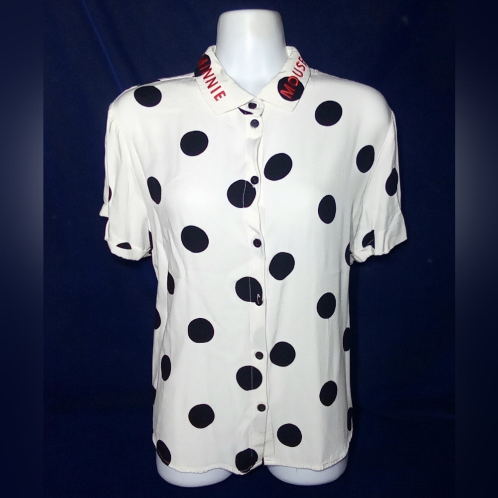 Disney Womens Large Minnie Mouse Black Polka Dot White Blouse